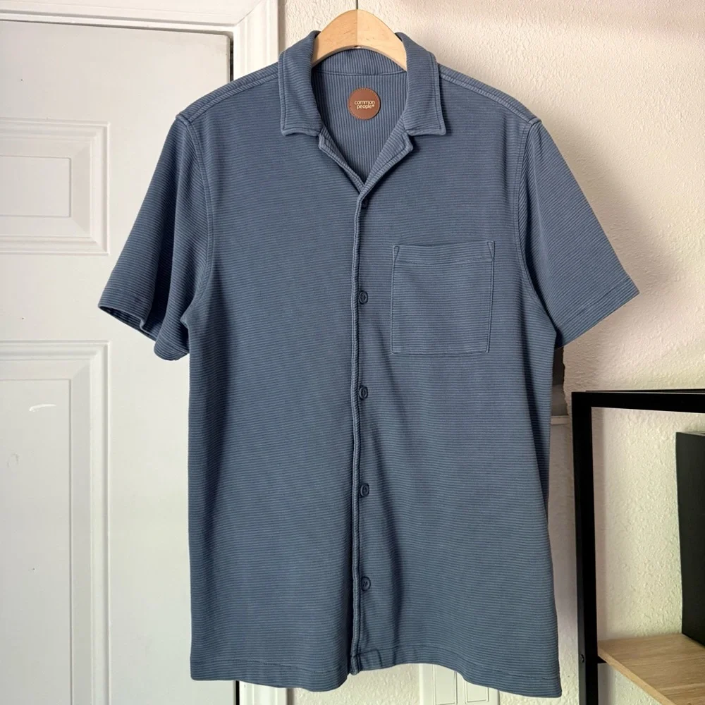 COMMON PEOPLE blue rib ribbed‎ knit cotton blend short sleeve button up shirt